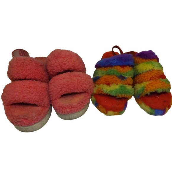 Size 7 UGG Oh Fluffita Fluff Yeah Slippers Pink & Rainbow Sherbert 2 Pairs 1 Prc - Picture 13 of 15